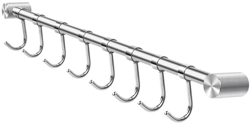 Jesustree Barra Portautensili da Cucina in Acciaio Inox, Listello Appendiabiti da Cucina da 50cm, Porta Utensili con 8 Ganci Mobili, per Pentola, Mestolo, multiuso bagno, garage, armadi