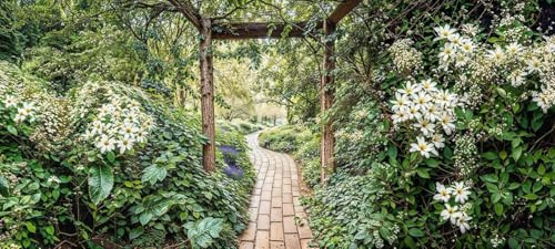 Pergola Garden Path Mural, Tapestry & Curtain Waterproof Mural Outdoor Wall Hanging, Flower Garden Wall Art, Fence Decoration & Outdoor Tapestry W157.48 inches x H70.87 Inches