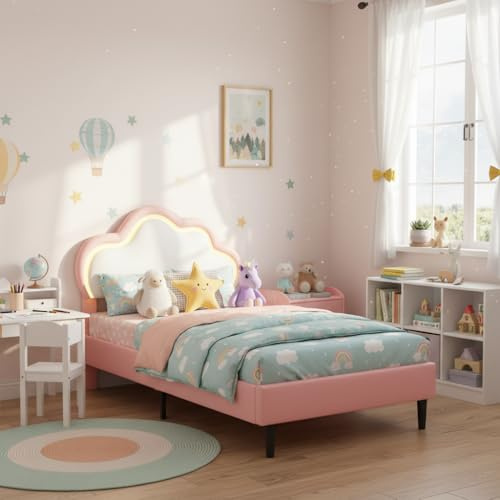 BLSYHDH Vadderad barnsäng 90 x 200, barnsäng med LED, prinsessflicksängar, tonårsflicksängar (rosa + läder, 90 x 200)