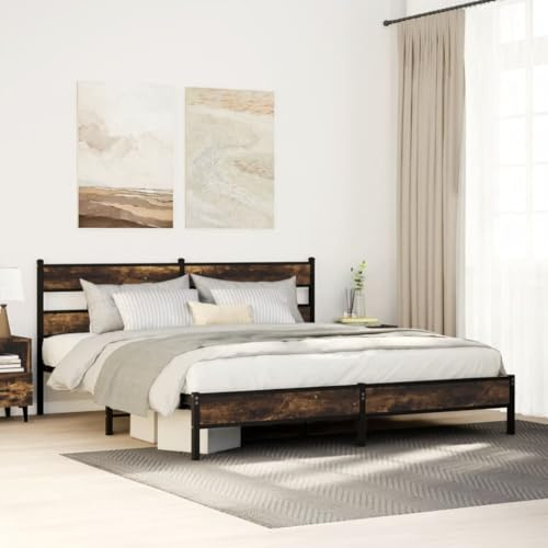 Hoopleep Queen metallplattform sängram, rökt ek finish, 183 x 213 cm, stålkonstruktion, med headboard, under-säng förvaringsplats, slots, ingen låda vår behöver