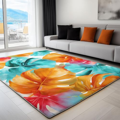 Tappeto per area Tappeti in imitazione cashmere Minimalista Acquerello Monstera Deliziosa Tappeto per soggiorno, lavabile in lavatrice decorativi per Camera da letto e aree interne 120 x 160 cm Bianco