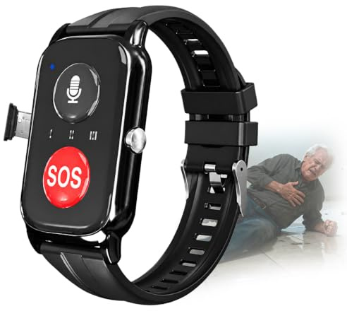 VCYEX Montre Connectée Senior, Détection De Chute Bouton SOS Et GPS, Montre pour Personne Agée Bracelet De Sécurité pour Alzheimer Et Démence Black,4.9 * 3.3cm