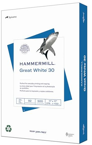 Hammermill Printer Paper, Great White 30% Recycled Paper, 11 x 17 - 1 Ream (500 Sheets) - 92 Bright, Made in the USA, 086750