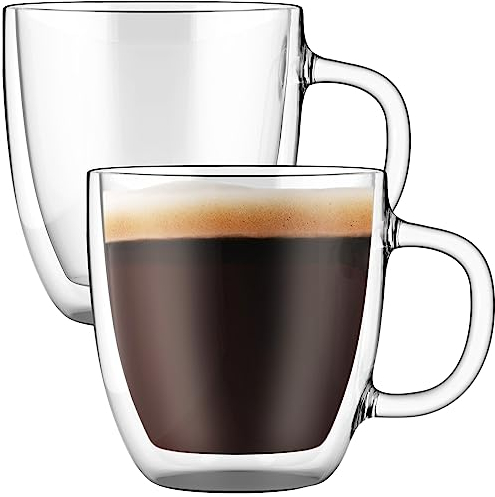 ELIXIR GLASSWARE Large Double Wall Coffee Mugs 16 oz (473 ml)- Double Wall Glass Set of 2 - Insulated Coffee Mugs with Handle (16 oz)