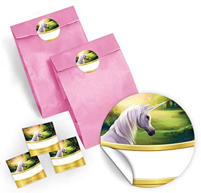 JuNa-Experten 12 Party-Tüten/Hellrosa mit 12 Aufkleber Einhorn für Geschenke oder Mitgebseln beim Kindergeburtstag/Hochzeit/Geschenktüten