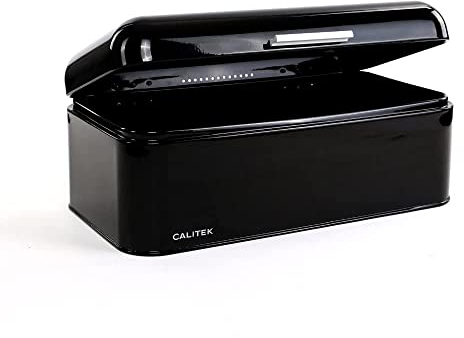 Calitek Bread Bin Storage Box Kitchen Counter Top Bread Loaf Pastries Baked Goods Container Vintage Style Coated Carbon Steel (Black)
