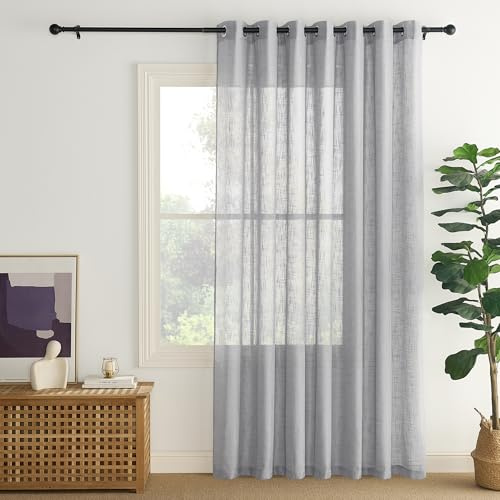 PONY DANCE Room Divider - Grey Net Curtain, 1 Panel - Semi Transparent Party Sheer Voile Panel, Luxury Eyelet Top, Faux Linen Textured Door Curtain, 100 x 84 inches, Light Grey