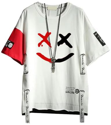Hello MrLin Men's Techwear Japanese Harajuku Streetwear Hip Hop Short Sleeve T-Shirt White