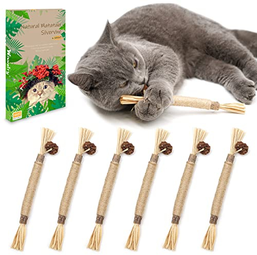 flowerstarry 6 Pack Natural Matatabi Silvervine Chew Sticks, Catnip Chew Toys for Indoor Cats, Kitten Teething & Stress Relief