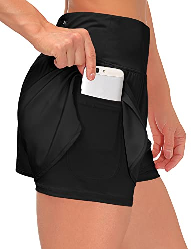 Tincini Shorts dam sommar korta byxor dam 2 i 1 löparshorts sport löpning shorts fitness sportbyxor yoga tennis jogging casual elastisk snabbtorkande, Aa svart, L
