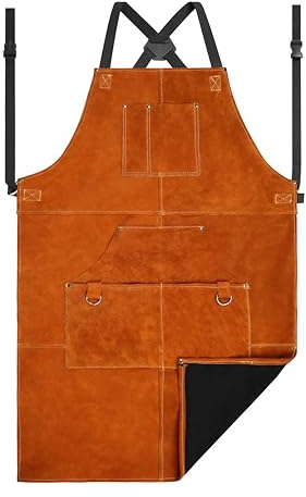 ONETIAN Delantal de Soldadura de Cuero Forro Suave – Resistente al Calor, Retardante de Llama, Delantal de Protección Robusto con Múltiples Bolsillos