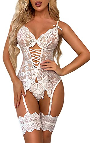 Evelife Set di lingerie sexy da donna in pizzo con polsini alla coscia, biancheria intima, babydoll con giarrettiera alla coscia senza calze, bianco, L
