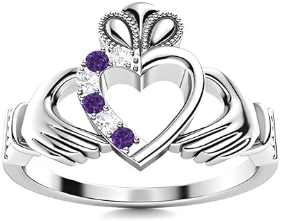 Amethyst Round 2.00mm Claddagh Ring | Sterling Silver 925 With Rhodium Plated | Beautiful Design Claddagh Promise Ring (White, 52)