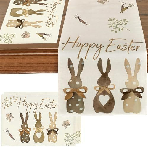 1 Set Ostern Tischläufer mit 4 Ostern Platzsets, Waschbar Frühling Ostern Küche Esstisch Dekoration Con Hase Karotten Frohe Ostern für Drinnen und Draußen Urlaub Party Wohnzimmer Dekor (33x120 cm)