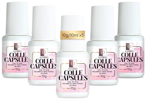 OCIBEL - 5 Colles Extra Forte pour Faux Ongles 5x10g = 50g (50ml) - Pinceau applicateur pour Capsules en Gel, Plastique, Acrylique et Strass pour Manucure, Faux Ongles et Nail Art