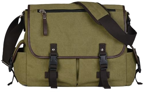 CROCOD 15.6 Inch Laptop Messenger Bag for Men Women, Vintage Canvas Computer Shoulder Bag with Anti-Theft Pocket, Large Work Briefcase Satchel for Business College Travel (Green)