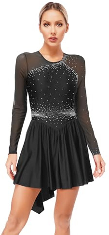 HULIJA Vestido de baile de manga larga para mujer, vestido lírico con diamantes de imitación, vestido de patinaje artístico, traje de baile, baile de salón de baile, concursos de danza, Negro , M