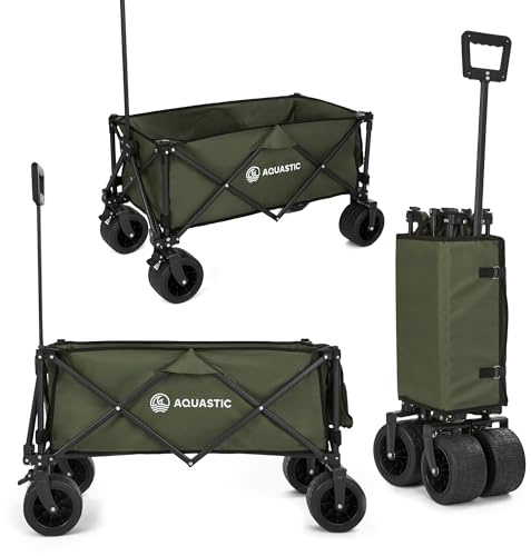 AQUASTIC Carrello con Ruote Portatutto CARO Carrello a Mano da Trasporto con Ruote Resistenti in PVC Ideale Carrello da Giardino e per la Spiaggia Dotato di Schienale Regolabile Oliva