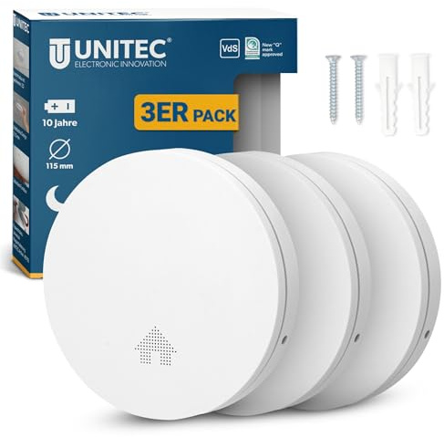 UNITEC Design Brandvarnare B-Ware, trådlös ytmontering, ultraplatt, självtestningsfunktion, inklusive batteri, DIN EN 14604, Q-Label, set om 3