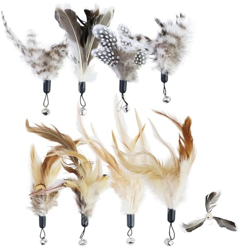 REBECCAHOWARD Lot de 8 plumes de rechange pour chat - Sans colorants chimiques - Avec recharges pour plumes naturelles de chat - Avec 1 moulin à vent en libellules en bambou