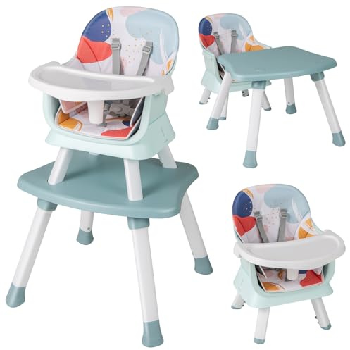 COSTWAY 6 in 1 Seggiolone Pappa per Bambini, Seggiolone per Neonati Convertibile, con Vassoio Rimovibile e Regolabile, Imbracatura a 5 Punti, Tavolo per Costruzioni, per Bambini 6+Mesi (Colorato)