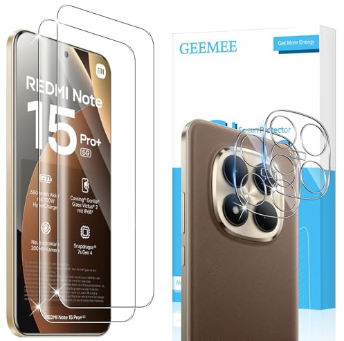 GEEMEE para Xiaomi Redmi Note 15 Pro Plus/Note 15 Pro+/Poco M8 Pro 5G Protector de Pantalla y Protector de Lente de Cámara, 2+2 Piezas 9H HD Cristal Templado Anti-Arañazos Vidrio Templado Protectora