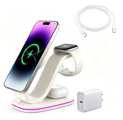 Kabellose Ladestation, Qi2 15W 3 in 1 Ladestation für iPhone 17/16/15/14/13/12 Serie, Watch Airpods 1-8/Ultra, iPad, AirPods (Weiß 3 in 1)