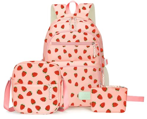Aucuu Aesthetic School Bag for Girls, 3PCS Set Strawberry Kids Backpack, Cute Backpack Sets, School Bag with Crossbody Bag & Wallet, Water Resistant Lightweight Bookbag Kawaii Rucksack for Teens Girls