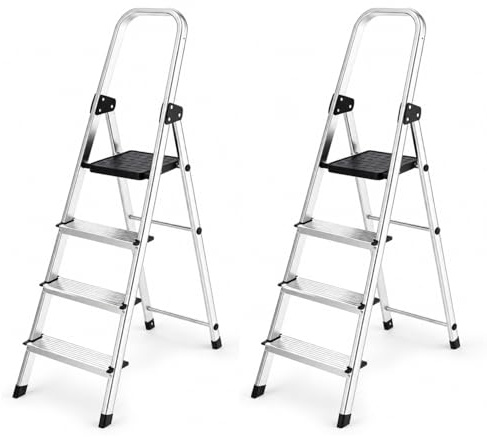 2 Scale in Alluminio 4 Gradini - Portata 150kg, Certificata EN131 - Antiscivolo, Ultraleggera e Salvaspazio - Uso Domestico e Lavorativo - Pratica da Aprire, Chiudere e Riporre (2 Scale, 3+1 Gradini)