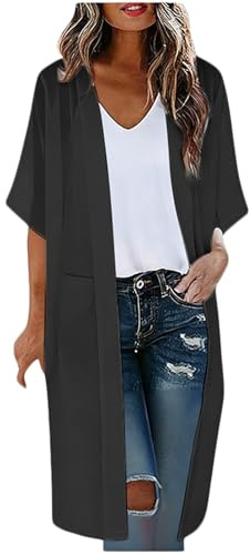 Cardigan Donna Lungo Maniche Corte in Chiffon Leggero Cardigan Casual Oversize Protezione Solare Copricostume Mare Curvy Traspirante Tinta Unita per Spiaggia Uscire Casa,