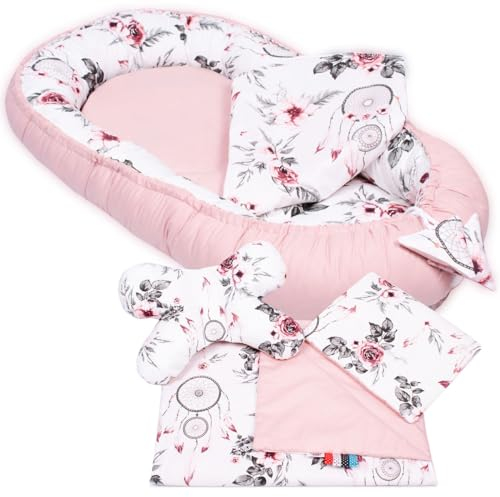PaLulli Babynest 4-TLG Set 95x55 cm | Babyausstattung mit Matratze & Kuscheldecke | 100% Baumwolle, hypoallergen | Babybett Nestchen für Neugeborene 0-8 Monate (Rosa Träumer)