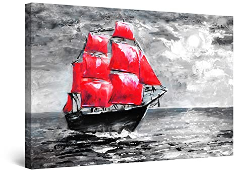 Startonight Bilder Schwarz Weiß Rot Schiff - Leinwandbilder Moderne Kunst - Abstrakte Wanddeko Kunstdrucke, Wandbilder XXL Wohnzimmer Groß Wand Bild 80 x 120 cm, Tag Nacht Elegante Geschenkidee