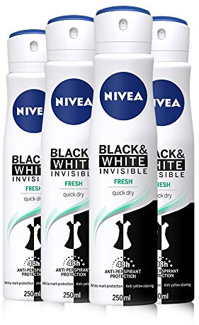 NIVEA Black & White Invisible Fresh Anti-Perspirant Spray Pack of 4 (4 x 250ml), 48hr Fresh Fragrance Deodorant for Women