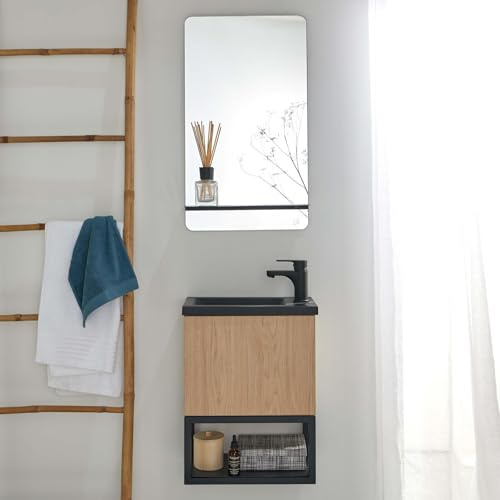 Handwaschbecken, Holz und Metall, Schwarz, Nova + Spiegel mit Ablage schwarz matt