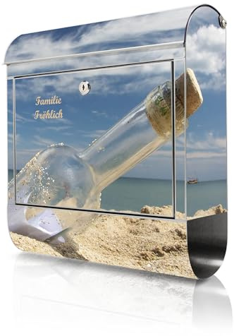 banjado Briefkasten Edelstahl personalisiert 38x43x12cm & 2 Schlüssel - rostfreier Edelstahl Briefkasten mit Zeitungsfach - Postkasten A4 Einwurf inkl. Montagematerial - Motiv Flaschenpost