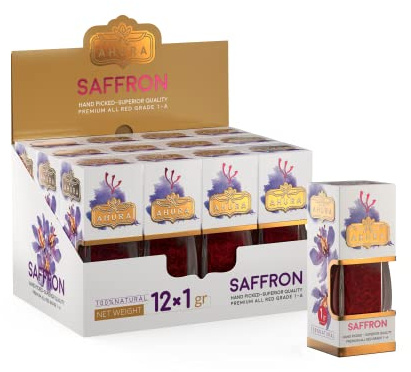 Ahura Premium Natural Saffron Threads, Pure All Red Saffron Spice for Tea, Cooking: Savoury, Sweets & Baking (Sunrise Jar 12x1gr Box)