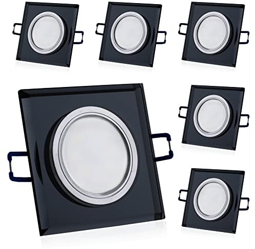 Einbaustrahler LED Einbauleuchte 6er Set Einbauspot Spot Deckenspot Deckeneinbauleuchte schwarz eckig flach Glas Spiegel inkl. 6x 6W Leuchtmittel GU10 Fassung Neutralweiß 4000K Abstrahlwinkel 120°