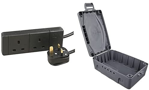 PRO ELEC Extension Lead 2 Socket, 15 Metres in black & Masterplug WBX-MS Weatherproof Electric Box for Outdoors, 345 x 220 x 126.5 mm, Grey