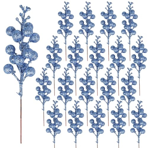 Fangoo 24 Stück Rote Beeren Stiele Künstliche Burgunder Picks Stechpalme Rote Beeren Zweige Weihnachtsbeeren Stiel Picks für Weihnachtsbaum DIY Handwerk Hochzeit Feiertage Winter Dekoration(Blau)