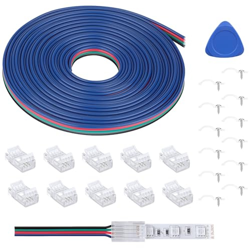 REDTRON Conector de tira LED, Cable de Extensión Para Tiras LED de 4 Pines - Kit de Conectores Sin Soldadura Con Cable de 5 M y 10 Conectores Para Luces RGB 5050 de 22AWG 10 mm