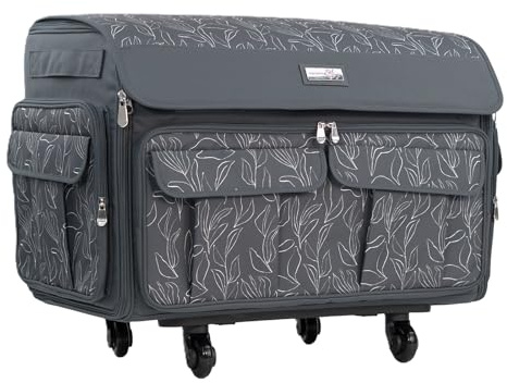 Everything Mary XXL Borsa trolley con ruote a 360 gradi per macchina da cucire, grigia con motivi floreali, custodia per macchine da cucire di grandi dimensioni - Brother, Singer, Bernina e la maggior