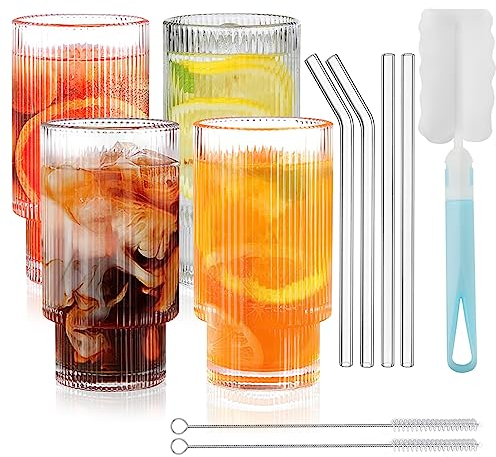RHtvrll 4 Pcs Ridged Drinking Glasses, 11oz Iced Coffee Glass Fluted Glass Tumbler with Straws Reusable Vintage Glassware Set for for Juice, Iced Coffee, Tea, Cocktail, Whiskey, Beer