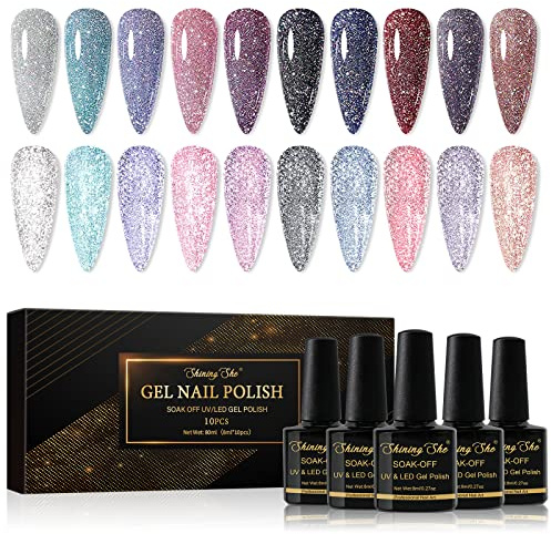 Shining She UV Nagellack Glitzer,10 Farben Multicolor Reflektierend Gel Nagellack Set Soak-Off UV Gel Nail Polish für Funkelnder glänzend in der Party und Bar,8ML | 10 Farben Diamant-Glanz, semi-permanent, Soak-Off, UV, für DIY-Nagelkunst, Maniküre, Salon, 8 ml
