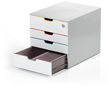 Durable Schubladenbox A4 (Varicolor Mix Safe) 4 Fächer, mit Schloss & Etiketten zur Beschriftung, mehrfarbig, 762627 | Abschließbare Ablagebox, 2 XXL-Schubladen, Stapelbarer Organizer aus ABS, 280 x 292 x 356 mm