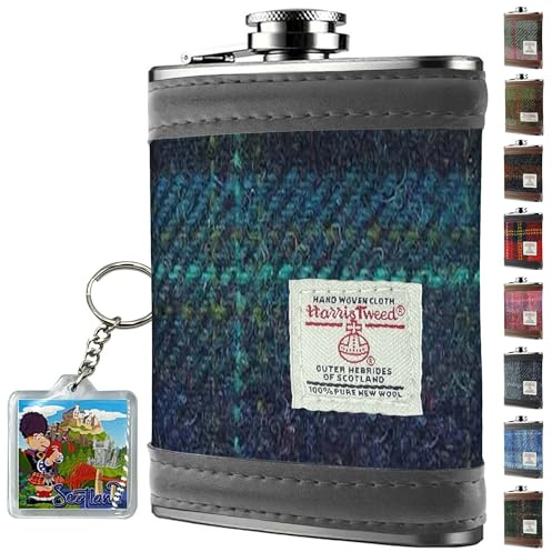 Harris Tweed Flasque enveloppée de 177 ml – Acier inoxydable – Flasque pour liqueur pour homme – Joli cadeau pour whisky, rhum, témoin d'honneur, mariage, camping – (bleu avec carreaux turquoise)