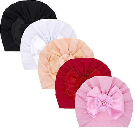Nishine 5 Pack Baby Turban Beanies Hut Neugeborenes Bogen Mütze Hüte Kleinkind Schädel Beanie Bowknot Cap Kopfbedeckung(Blume Bogen-5Stück)