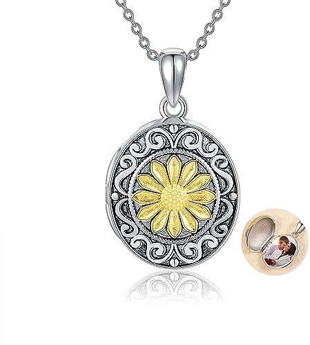 ONEFINITY Sonnenblume Medaillon Kette Mit Foto 925 Sterling Silber Medaillon Anhänger Halskette Mit Bild Medaillon Schmuck Geschenke für Damen
