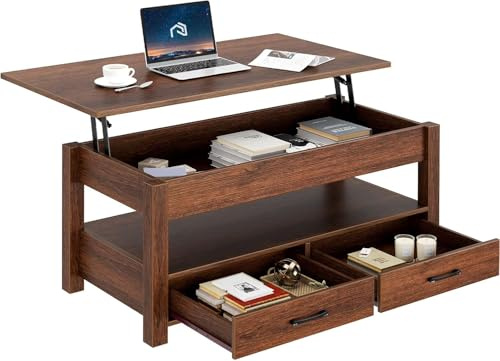 Rolanstar Coffee Table, 47.2 Lift Top Coffee Table with Drawers and Hidden Compartment, Retro Central Table with Wooden Lift Tabletop, for Living Room,Espresso