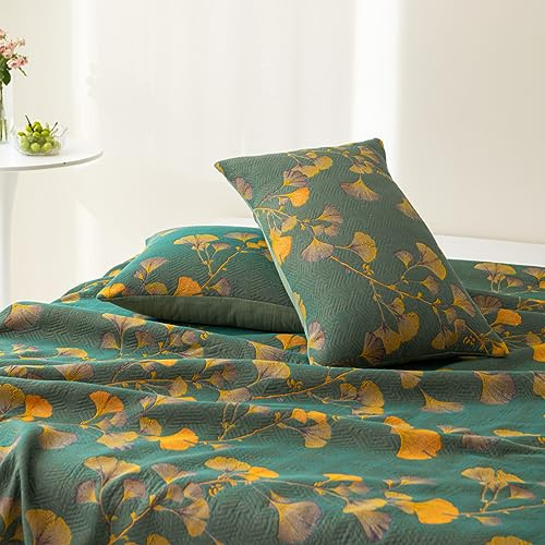 Purefair 100% Cotton Muslin Pillow Shams Set of 2 Jacquard Floral Ginkgo Leaves Pillow Covers, Soft 3 Layers Gauzy Reversible Pillow Protectors, 20x30