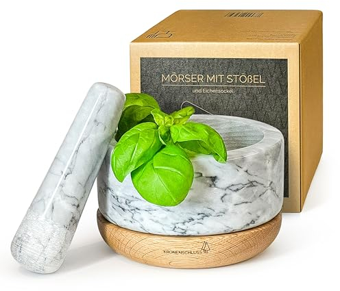 KRONENSCHLUSS – Mortaio con pestello – durevole con base in legno di quercia stabile e marmo robusto – Diametro 14 cm